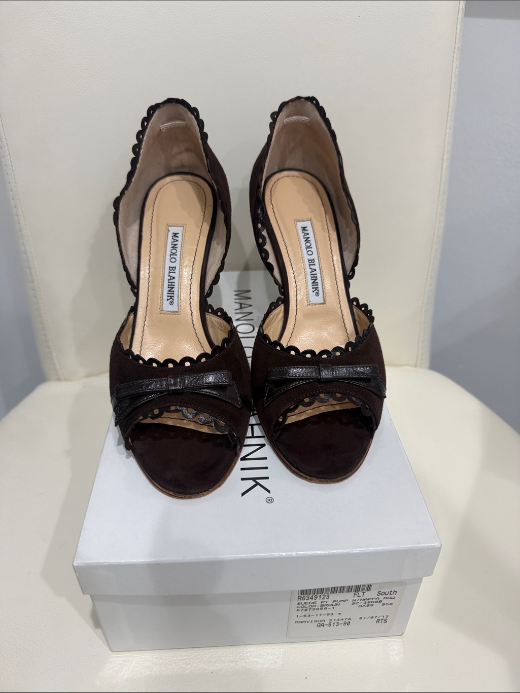 Manolo Blahnik Dark Brown Scalloped Suede Peep-Toe Heels